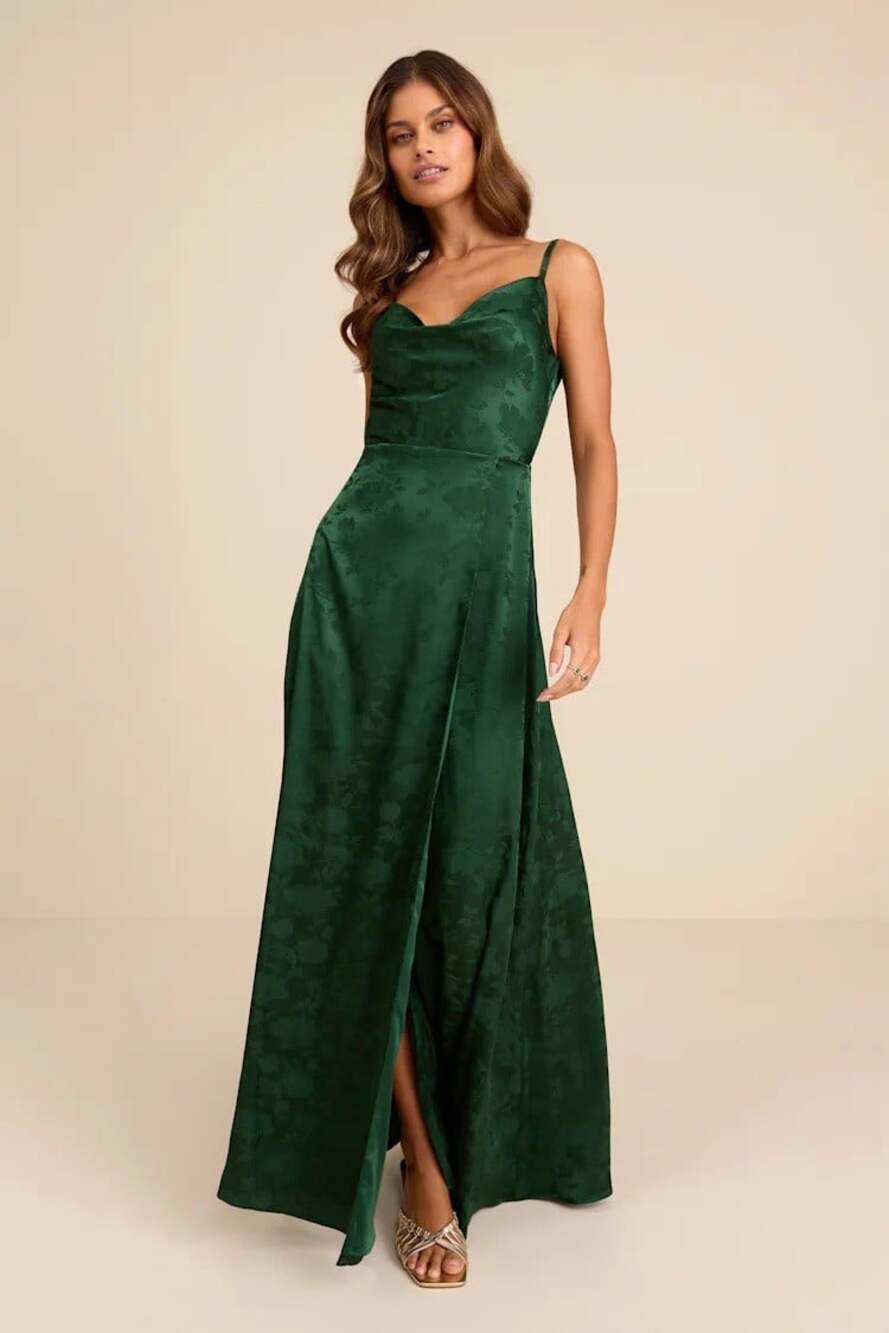 Lulus Simply Dreamy Emerald Green Satin Floral Jacquard Maxi Dress Size Large